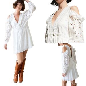IRO Dress‎ Cottagecore Eyelet Lace Cutout Ruffle Puff Sleeve Mini Babydoll M